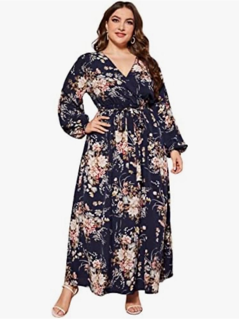 WDIRARA Women's Plus Size Floral Print V Neck Belted Bishop Long Sleeve Dress